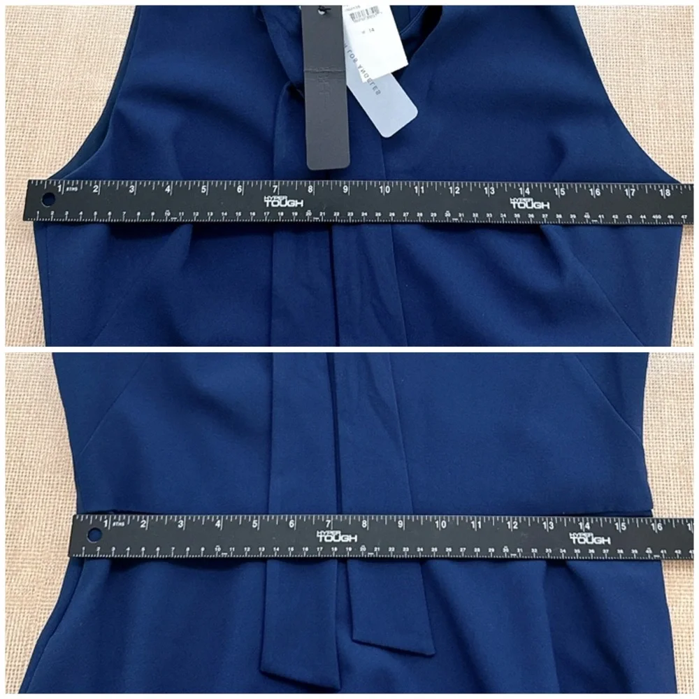 Black Halo Carolina Dress 14 Blue Career Sleeveless Modern Tie Neck Midi Length - Picture 13 of 16